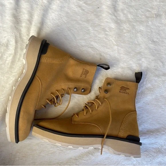 Sorel Hi-line platform Suede Boots in scorch tawny buff in yellow